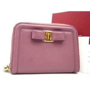 Ferragamo Vara Ribbon Leather Round Zipper coin wallet Case Card Pink